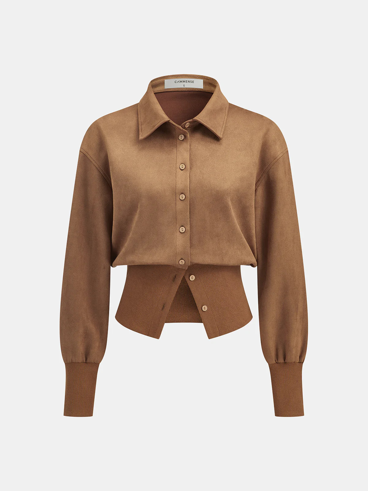Cinched Waist Button-Front Suede Effect Shirt | Commense
