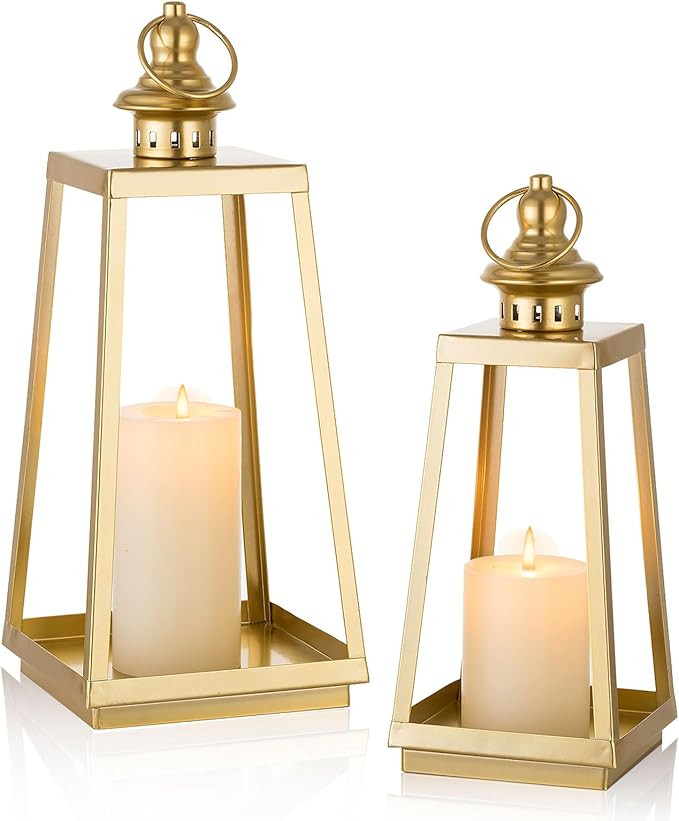 Gold Lanterns Decorative Indoor: Outdoor Front Porch Decor 12" & 15" Set of 2 Farmhouse Hanging L... | Amazon (US)