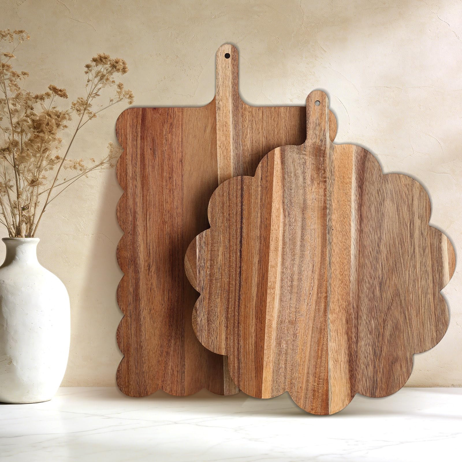 Acacia Wood Scalloped Cutting Boards Set, Decorative Wooden Charcuterie Boards with Handle for Ch... | Amazon (US)