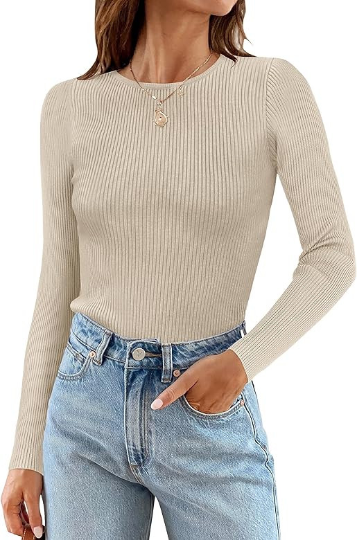 ZESICA Women's Long Sleeve Crewneck Tops 2024 Spring Fall Clothes Ribbed Knit Sweater Slim Fitted... | Amazon (US)