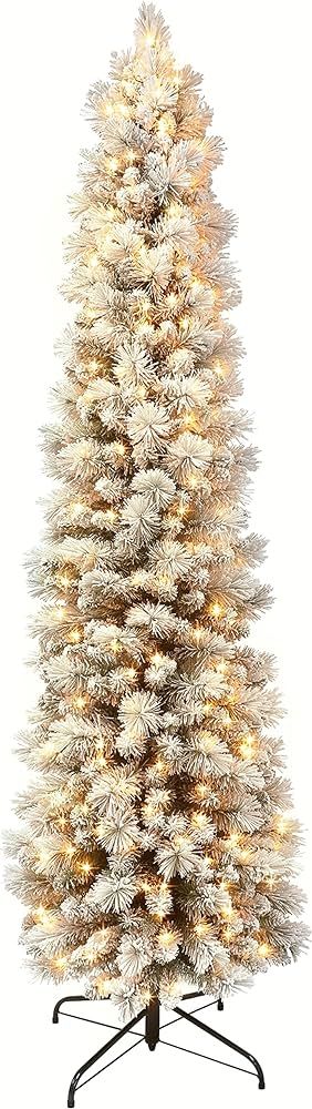 Puleo International 7.5 Foot Pre-Lit Flocked Pencil Portland Pine Artificial Christmas Tree with ... | Amazon (US)