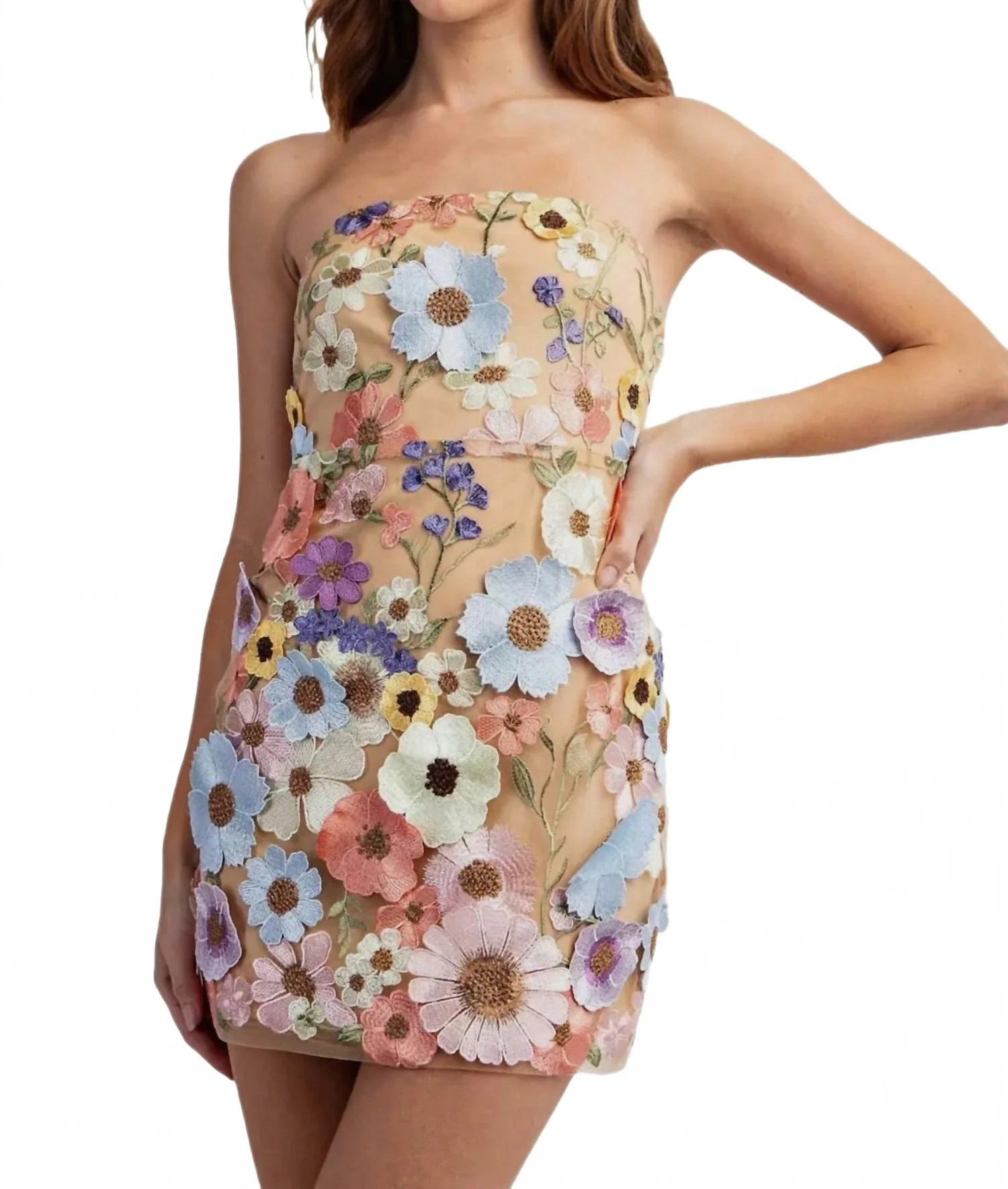Flower 3D Embroidery Tube Mini Dress In Beige | Shop Simon