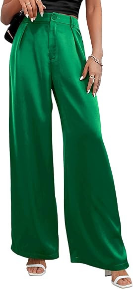 SweatyRocks Women's High Waist Satin Wide Leg Pants Casual Work Office Faux Silk Long Trousers wi... | Amazon (US)