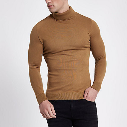 Mens Camel slim fit roll neck jumper | River Island (UK & IE)