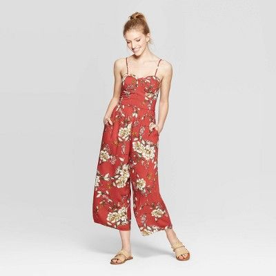 Women's Floral Print Sleeveless Sweetheart Neck Strappy Bra Cup Jumpsuit - Xhilaration™ Brick Red | Target