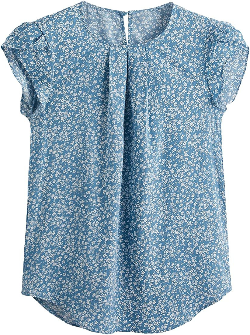 Milumia Women's Elegant Floral Print Petal Cap Sleeve Pleated Vacation Office Work Blouse Top | Amazon (US)