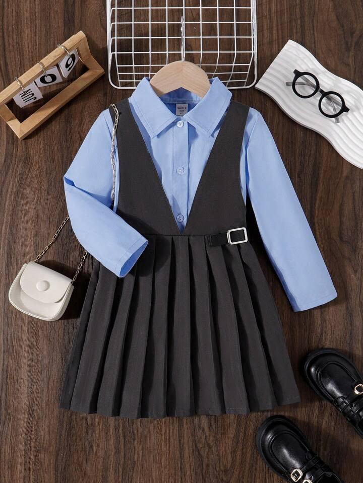 SHEIN Young Girl Casual Style Shirt And Suspender Pleated Skirt Outfit, Spring/Summer/Fall 2pcs/S... | SHEIN