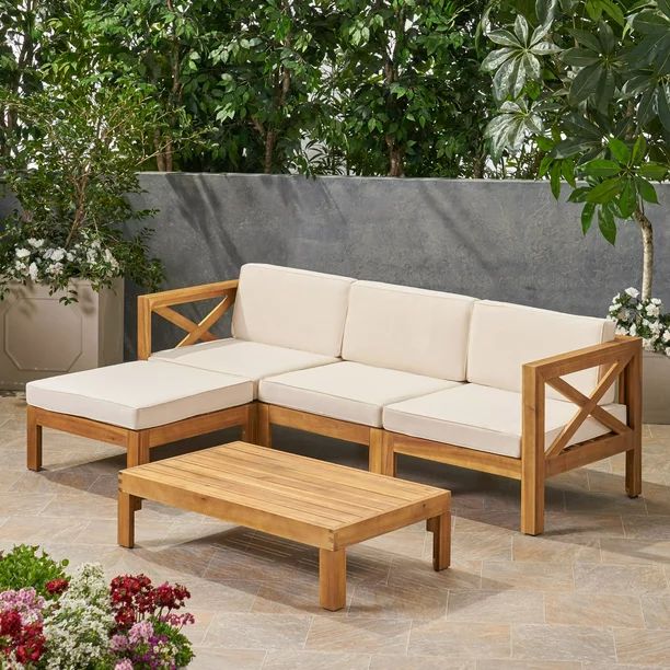 5-Piece Tawny Brown Contemporary Outdoor Furniture Conversation Set - Beige Cushions | Walmart (US)