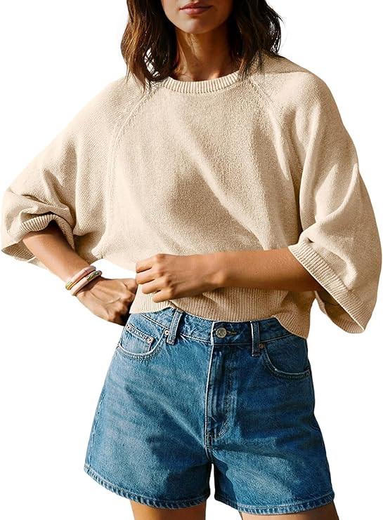 Saodimallsu Womens 3/4 Sleeve Sweater Tops Summer Lightweight Knit Crew Neck Casual Loose Batwing... | Amazon (US)