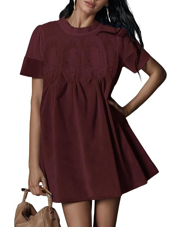 Athlisan Womens Faux Suede Mini Dress Lace Patchwork Short Sleeve Crew Neck A Line Babydoll Dress... | Amazon (US)