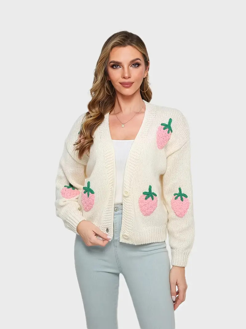 Women's Sweater Women's Strawberry Pattern Button Cardigan - Temu | Temu Affiliate Program