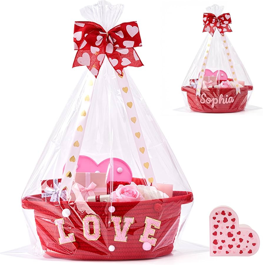 Valentines Basket, Valentines Day Gift Basket Empty for Kids, Woven Rope Red Basket with Handle, ... | Amazon (US)