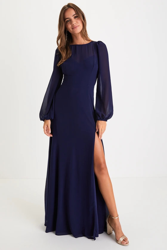 Prestigious Poise Navy Blue Backless Balloon Sleeve Maxi Dress | Lulus (US)