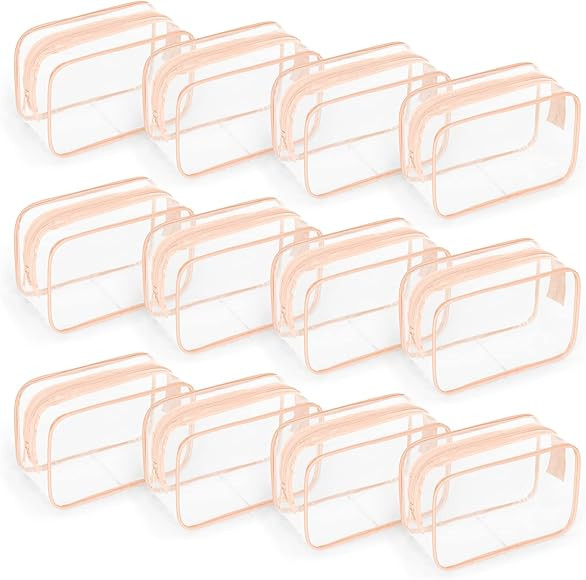 12 PCS Clear Toiletry Bag for Women Men, Transparent Cosmetic Bag for Travel Makeup Organizer TSA Approved Pouch -Orange-pink, Small | Amazon (US)