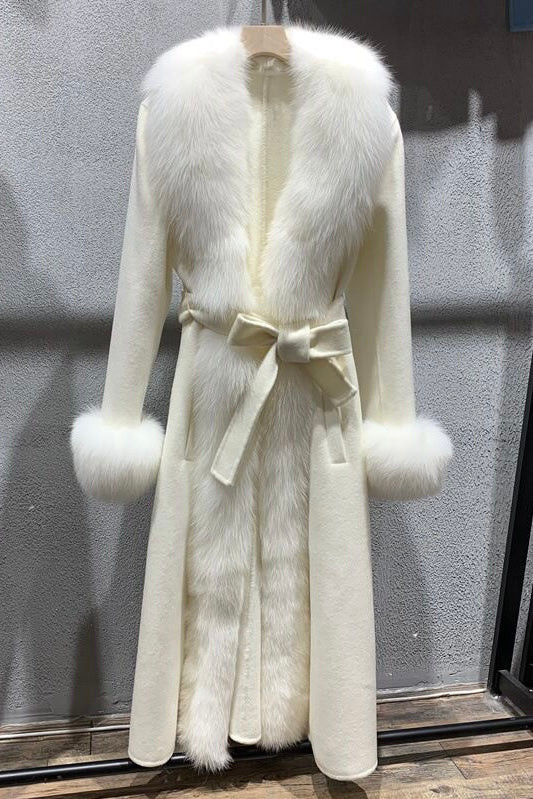 Jessica Bara Inessa Fur Belted Long Coat Small / White | JESSICA BARA