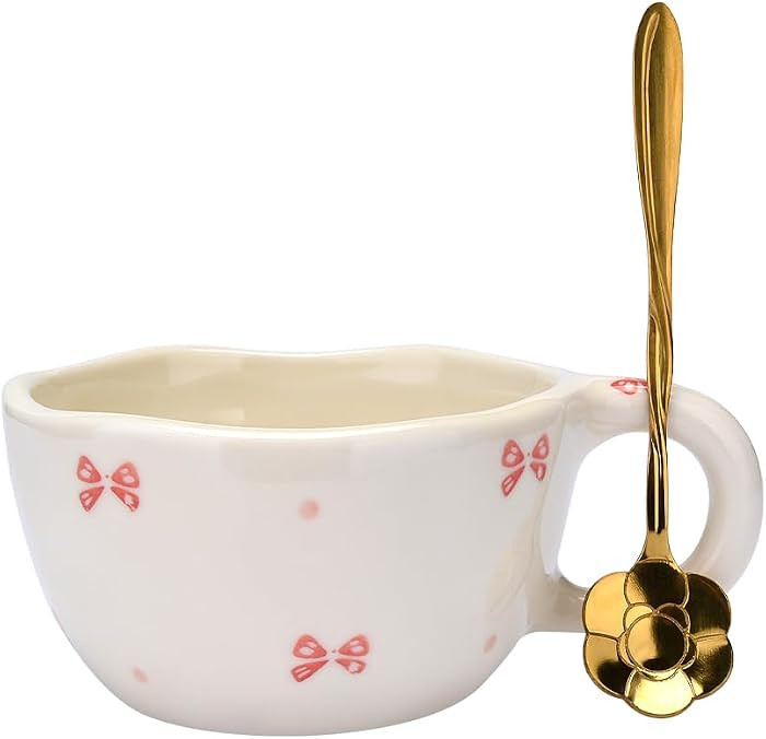 Cute Coffee Mug Ceramic Tea Mug,Kawaii Coffee Cup,Flower Handmade Mug,Creative Pink Mug with Spoo... | Amazon (CA)