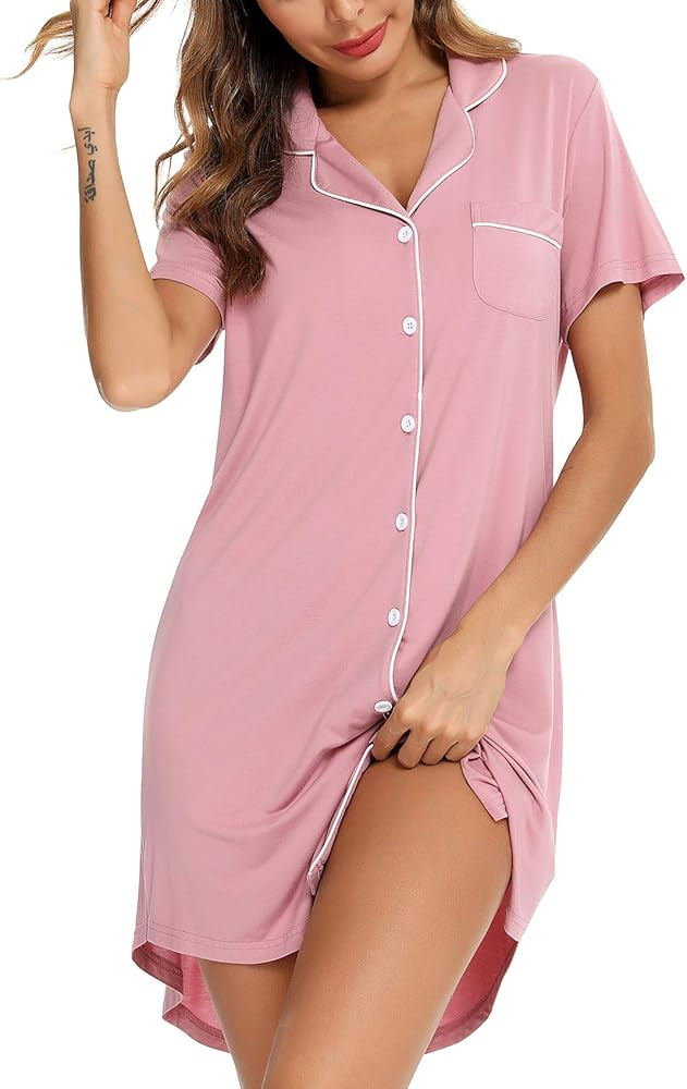 Samring Pajama Nightgown for Women Short/Long Sleeve Button Down Nightwear Top Boyfriend Sleep Sh... | Amazon (US)