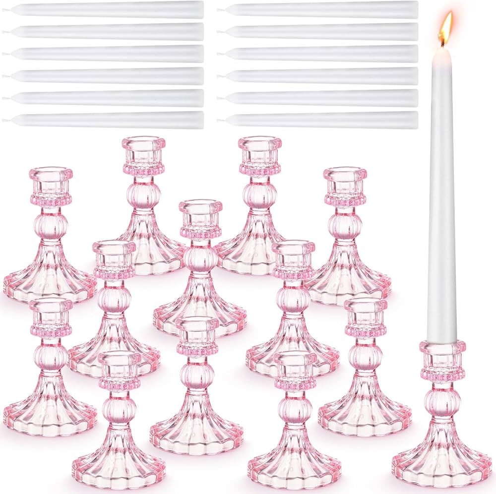 Suclain 24 Pcs Glass Taper Candle Holder Set 12 Clear Candlestick Holder with 12 White Long Candl... | Amazon (US)