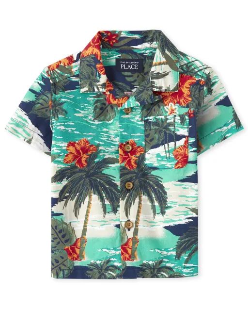 Baby And Toddler Boys Short Sleeve Tropical Beach Print Poplin Matching Button Down Shirt | The Children's Place