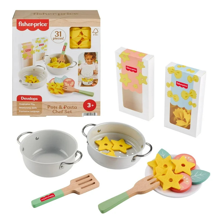 Fisher-Price Pots & Pasta Chef Set, Cooking Toy with Wooden Food for Pretend Play, 31 Pieces | Walmart (US)