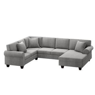 113 in. W Rolled Arm 3-piece Chenille U Shaped Classic Chesterfield Sectional Sofa in Gray w/3 Pi... | The Home Depot