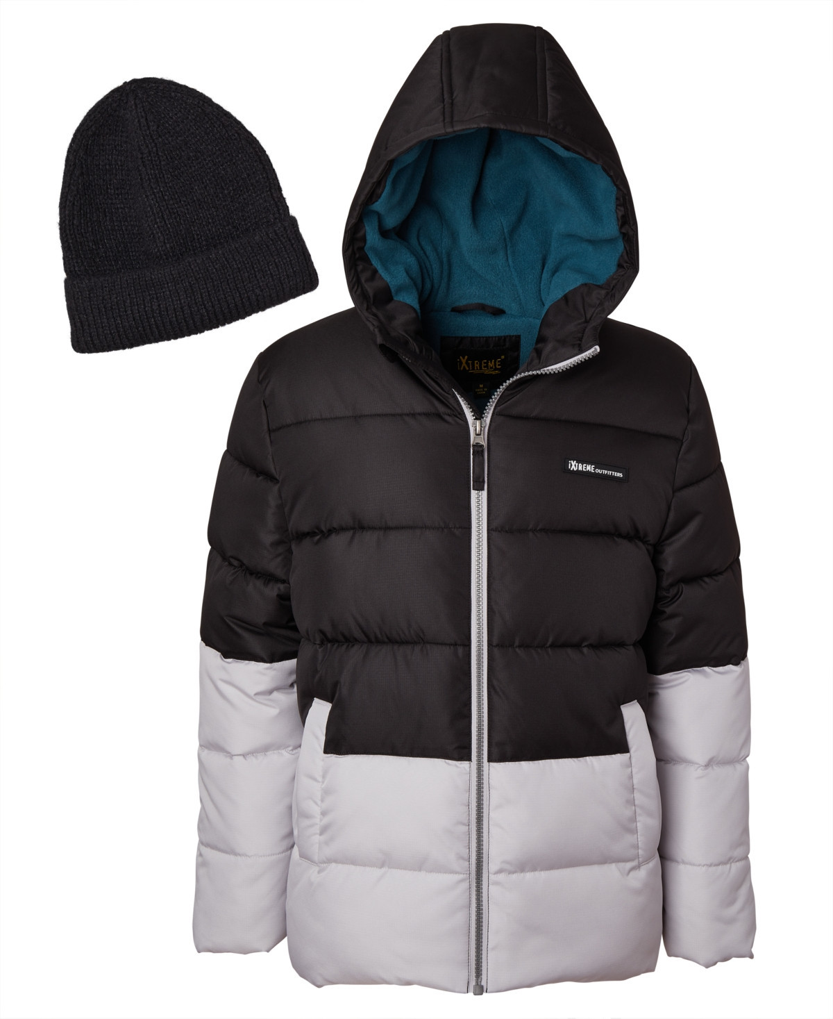 Ixtreme Big Boys Color Blocked Ripstop Puffer Jacket with Beanie - Black/Gray | Macy's