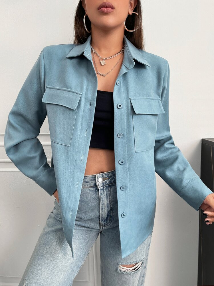 SHEIN EZwear Drop Shoulder Flap Pocket Suede Coat | SHEIN