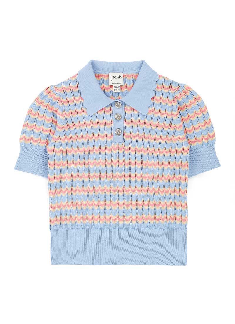 Verity Knitted Stripe Polo Top - Blue | Joanie