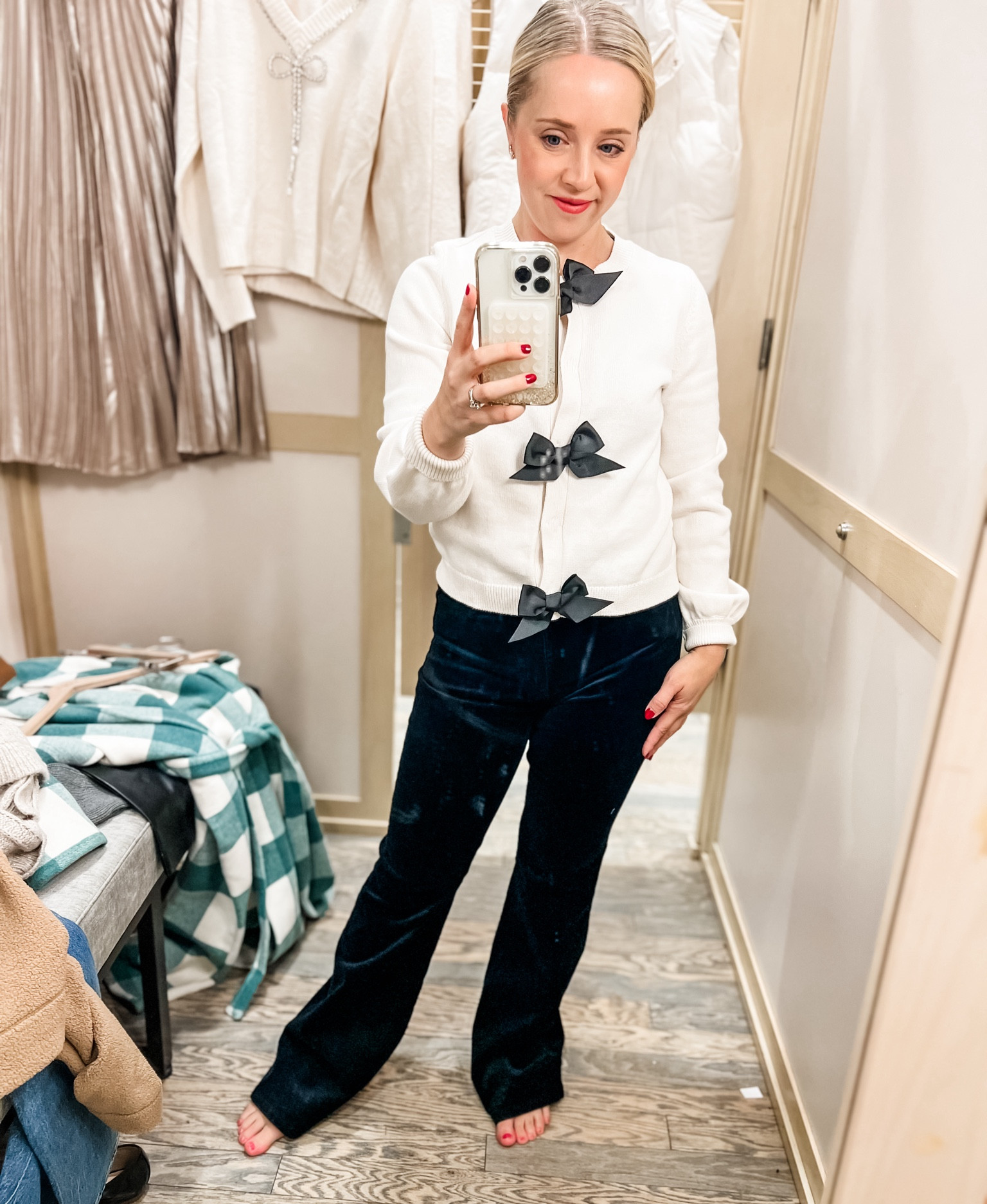 This bow cardigan is so festive and fun for the holidays! Cardigan fits tts and wide leg corduroy pants  weren’t available in petite length in store, but fit tts otherwise. 50% off for cyber week!

Holiday outfit, bow cardigan, corduroy pants, petite outfit, holiday sweater.

#LTKCyberWeek #LTKHoliday #LTKSaleAlert