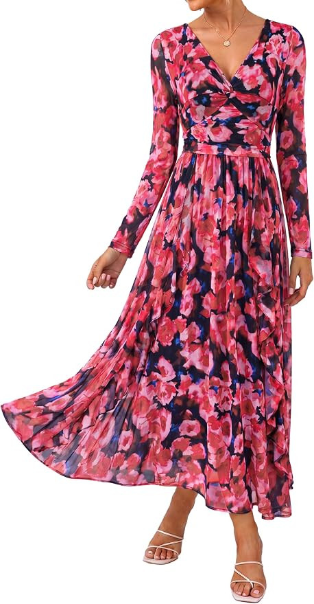 GRACE KARIN Women's Long Sleeve Floral Maxi Formal Wedding Guest Dress | Amazon (US)