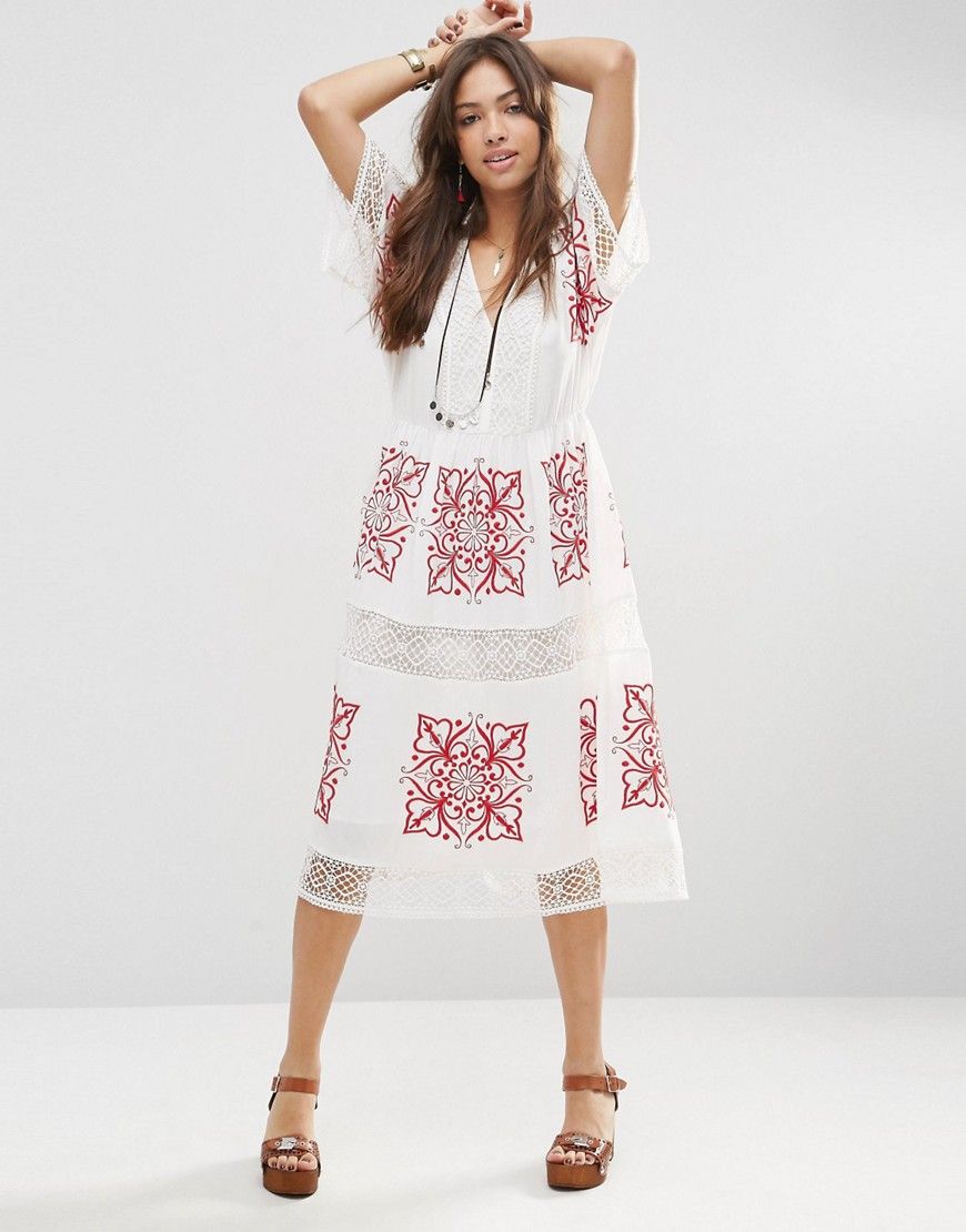 ASOS PREMIUM Cutwork Midi Dress with Red Embroidery - White | Asos DK