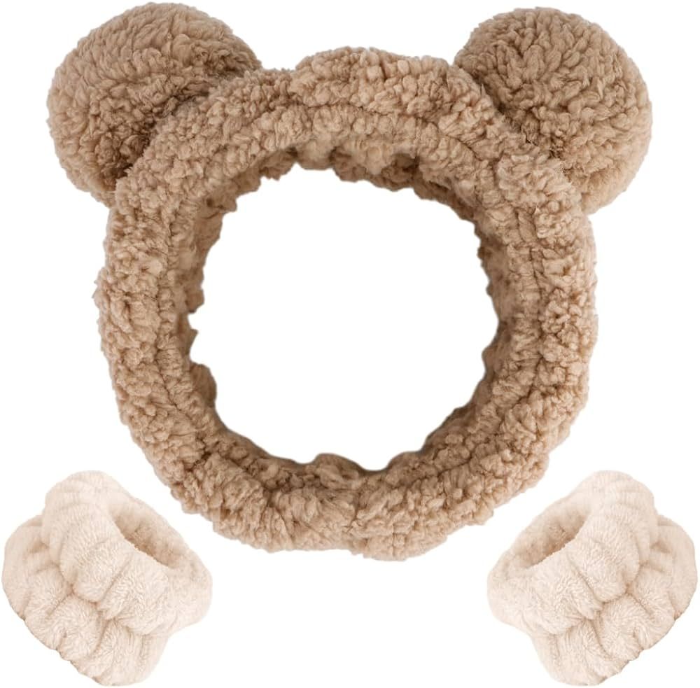 AHONEY Spa Bear Ears Headband, Face Wash Headband and Wristband Set, Cute Makeup Skincare Headban... | Amazon (US)