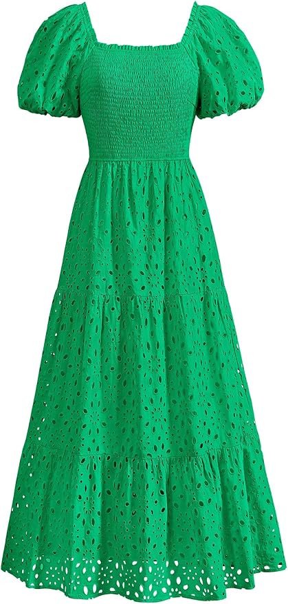 PRETTYGARDEN Summer Dresses for Women 2025 Eyelet Square Neck Puff Sleeve Smocked Wedding Guest M... | Amazon (US)