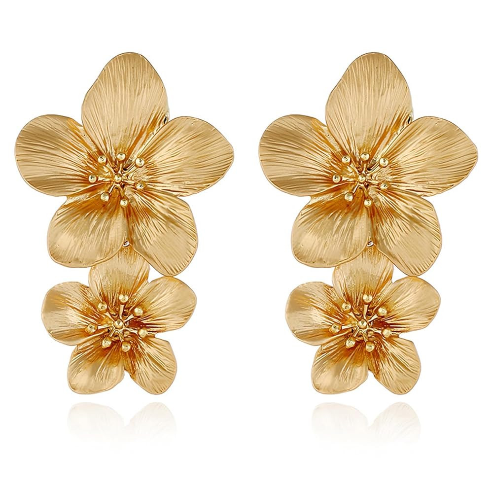 Gold Flower Earrings Double Flower Statement Earring for Women, Large Gold Floral Earrings for Wo... | Amazon (US)