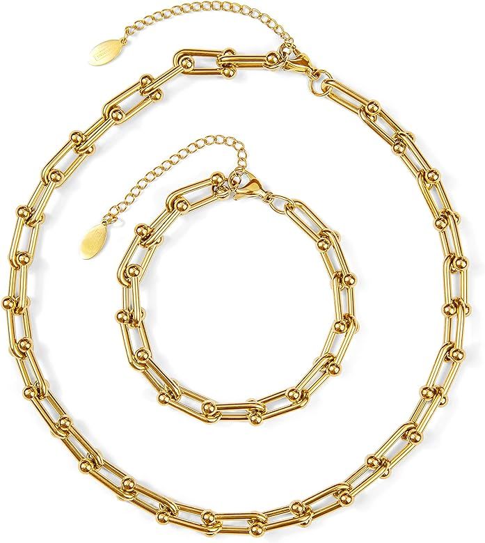 Benevolence LA Paperclip Chain Necklace for Women with Paperclip Bracelet Set | Gold Chain Link Neck | Amazon (US)