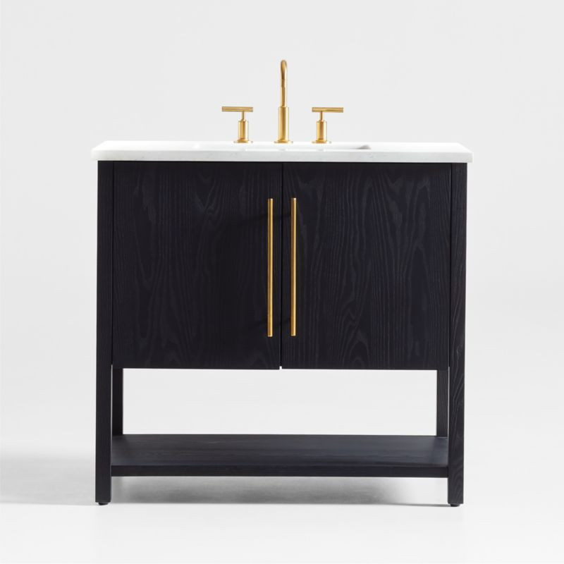 Carmen 36" White Marble Top Single Sink Black Ash Wood Vanity with Shelf | Crate & Barrel | Crate & Barrel