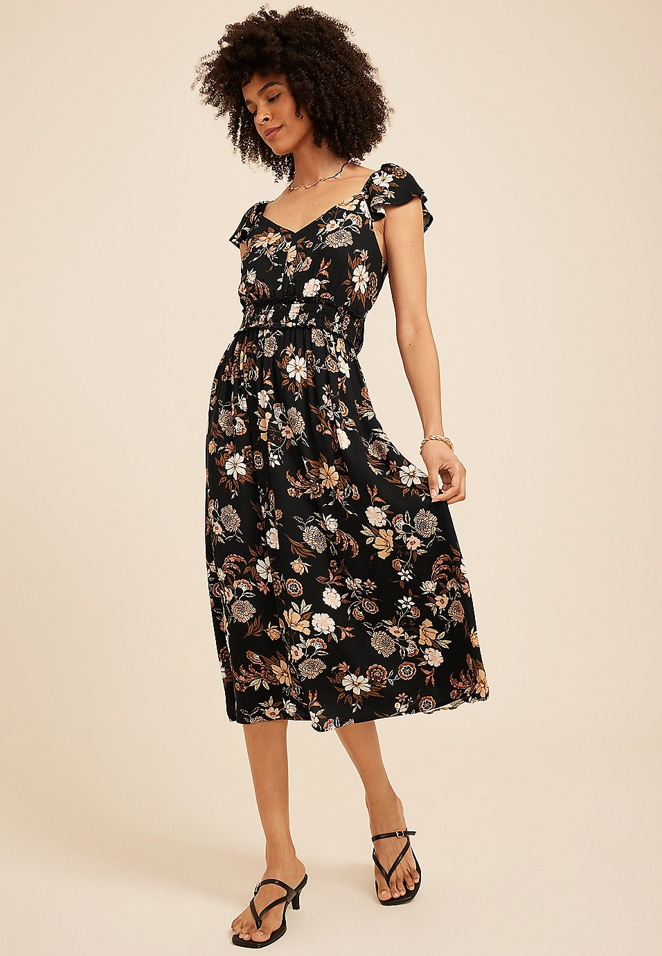 Black Floral Tie Back Midi Dress | Maurices
