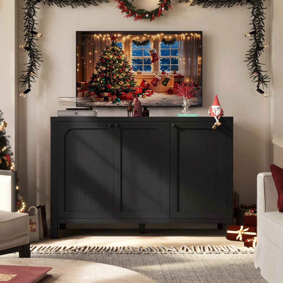 47" Black Sideboard Buffet Cabinet With Storage Modern Credenza With Doors Heavy Duty Wood Tv Med... | Wayfair North America