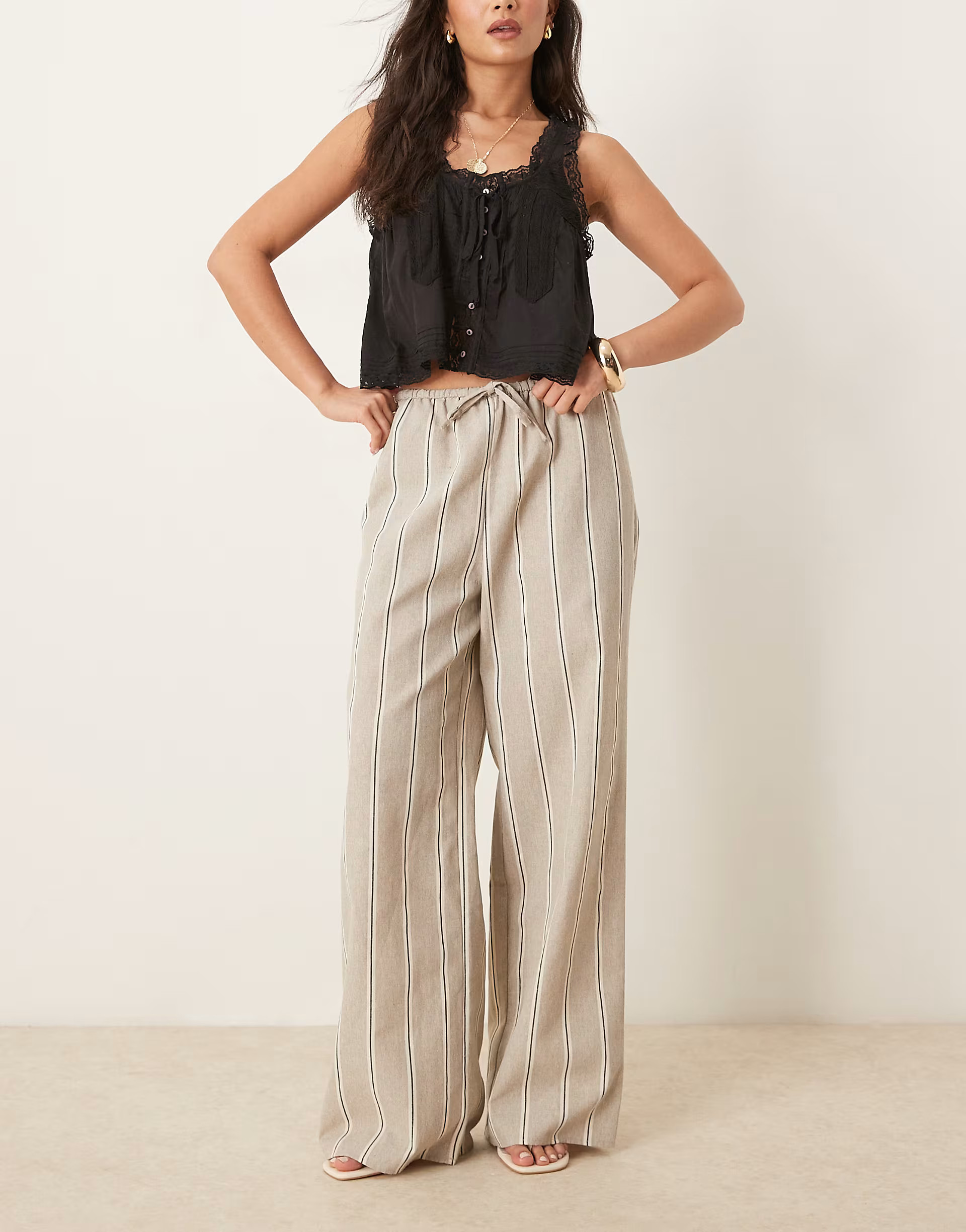 ASOS DESIGN tailored linen look wide leg pull on trousers in taupe stripe | ASOS (Global)