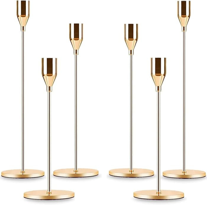 Gold Taper Candle Holder Set of 6, Brass Gold Tall Candlestick Holders, Metal Vintage Candle Stic... | Amazon (US)