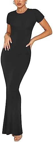 REORIA Women's Basic Summer Casual Lounge Long Dress Elegant Short Sleeve Crew Neck Bodycon Maxi ... | Amazon (US)