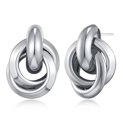 FILMOON Silver Statement Geometric Dangle Drop Earrings for Women Chunky Gold Earrings Long Twisted Link Earring Fashion Jewel | Amazon (US)