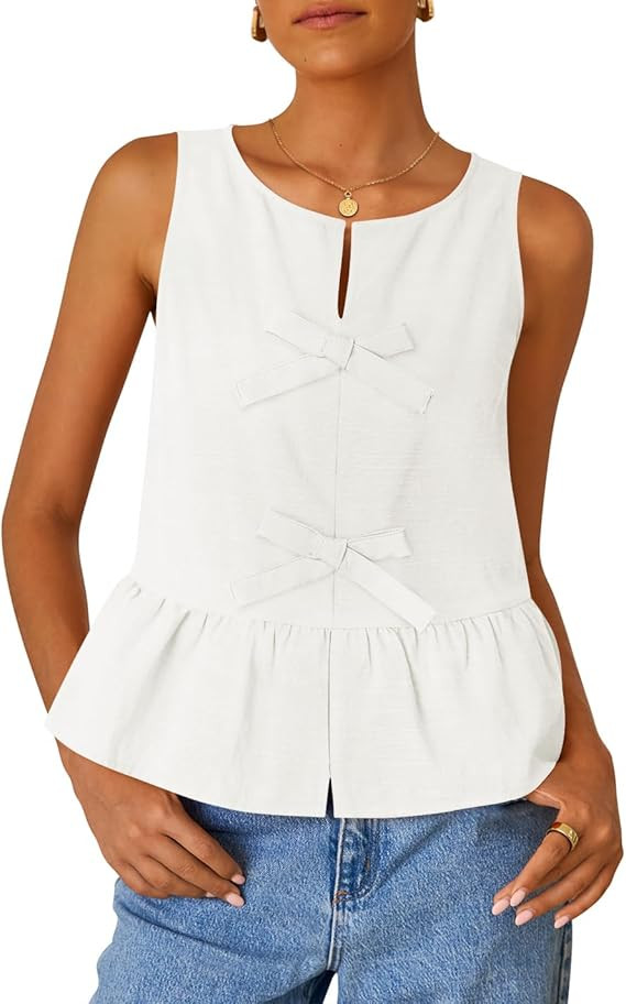 ZESICA Women's Summer Sleeveless Peplum Tank Tops 2026 Tie Front Crewneck Loose Flowy Ruffle Baby... | Amazon (US)