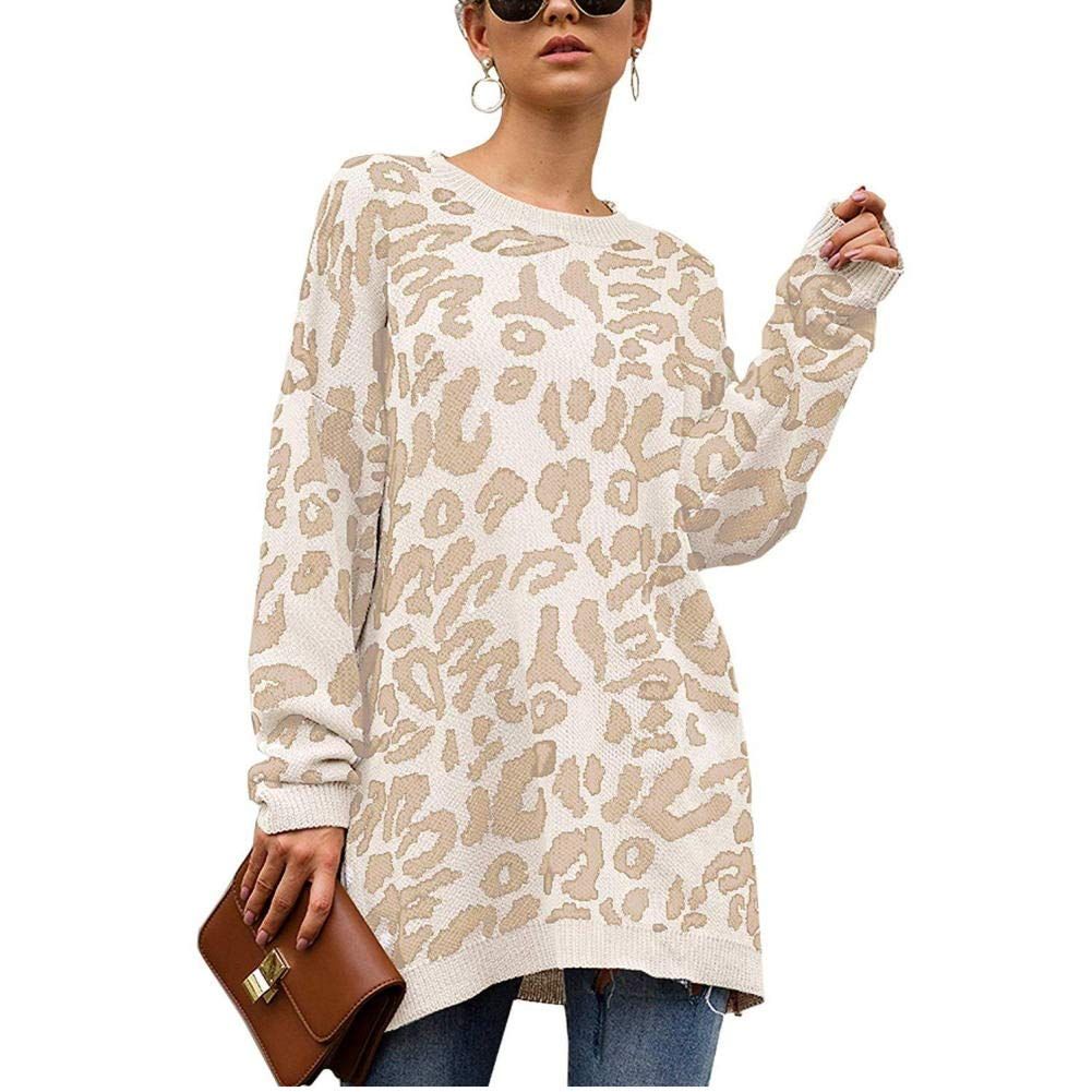 Nekosi Womens Leopard Print Sweater Casual Long Sleeve Round Neck Oversized Tops | Amazon (US)