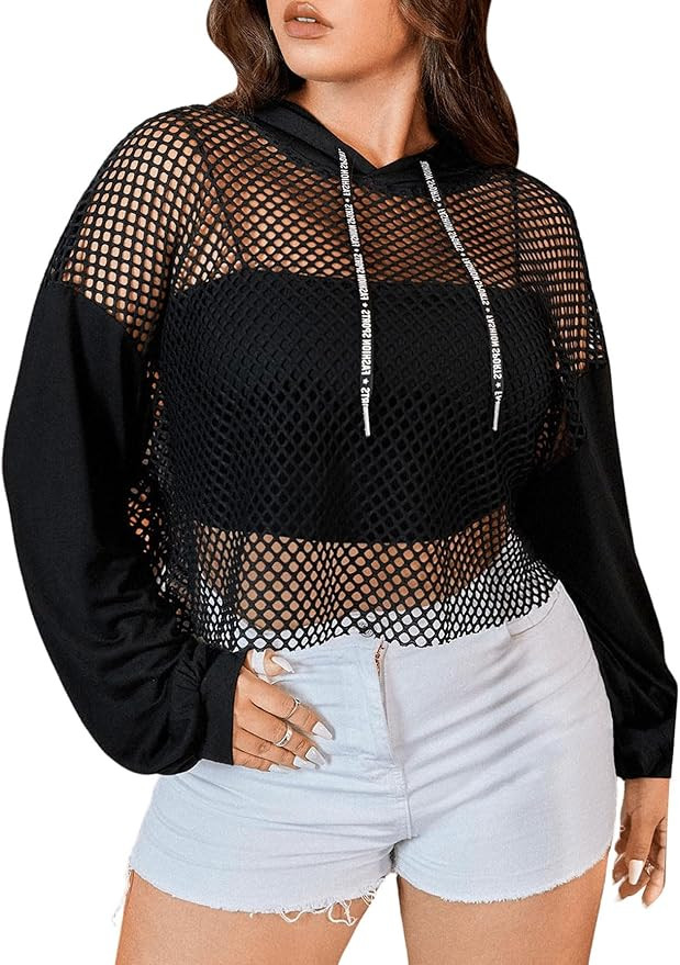 Verdusa Women's Sexy See Through Fishnet Long Sleeve Drawstring Hoodie Top Sweatshirt | Amazon (US)
