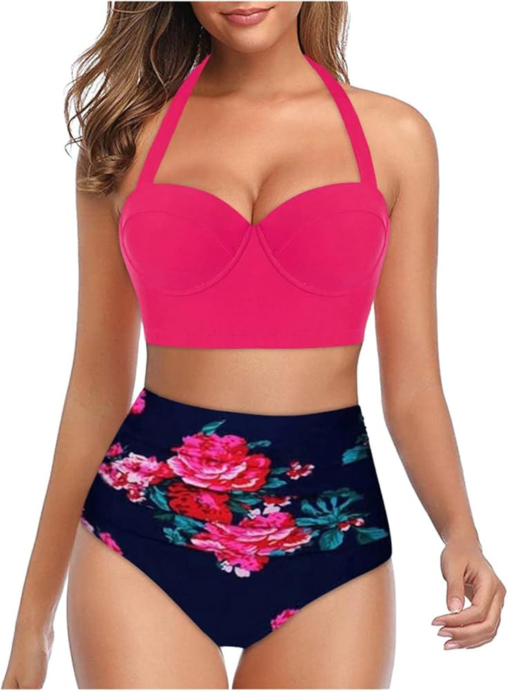 Womens Halter Swimsuit Sexy Cheeky Bikini Sets High Waisted Tummy Control Push up Bathing Suit 2 ... | Amazon (US)