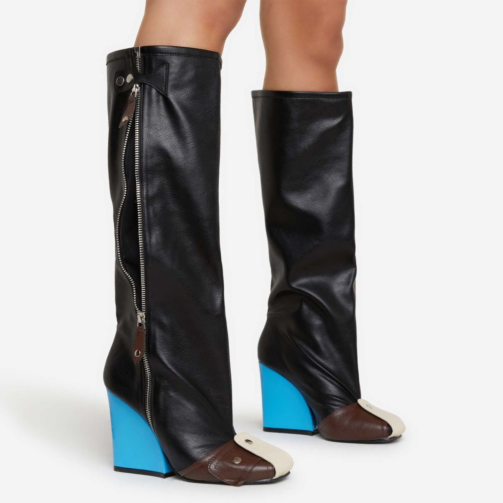 Senna Buckle Detail Square Toe Blue Wedge Heel Knee High Long Boot In Black Faux Leather | EGO (UK)