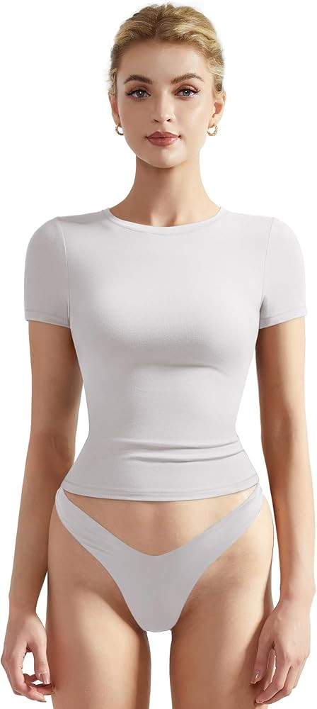 SUUKSESS Women Fitted Basic Tee Cotton Ribbed Crew Neck Summer Short Sleeve Y2K Crop Top | Amazon (US)