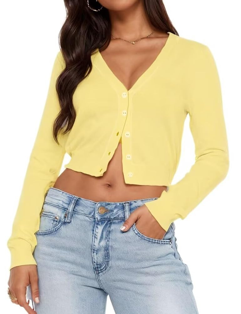 LEEDYA Women's Long Sleeve Cardigans Open Front Knit Cropped Sweaters Fall V Neck Button Down Jac... | Amazon (US)