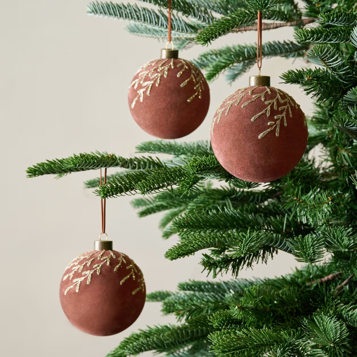 Flocked Floral Glitter Ornament, Set of 3 | Magnolia